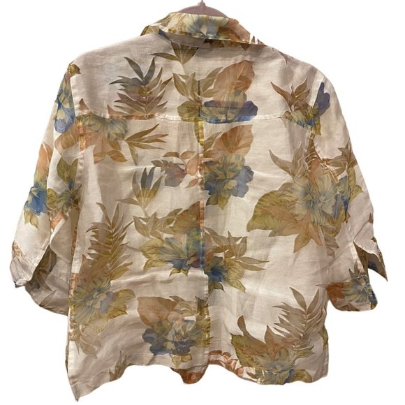 Elementz Sheer Floral Blouse 3/4 Sleeve Button Down Shirt Top Cream Size M - Picture 2 of 12